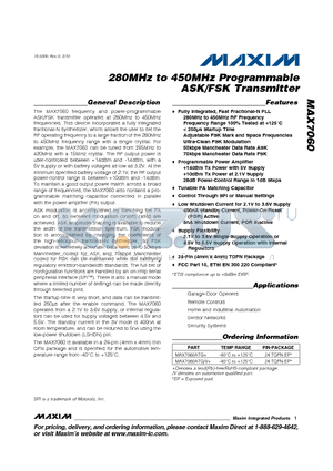 MAX7060 datasheet - 280MHz to 450MHz Programmable ASK/FSK Transmitter