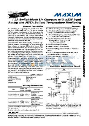 MAX8900A_11 datasheet - 1.2A Switch-Mode Li Chargers with a22V Input Rating and JEITA Battery Temperature Monitoring