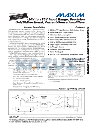 MAX9919 datasheet - -20V to 75V Input Range, Precision Uni-/Bidirectional, Current-Sense Amplifiers