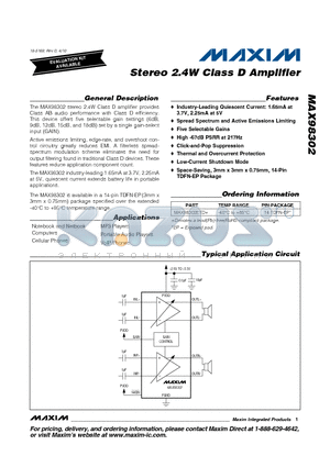 MAX98302ETD+ datasheet - Srereo 2.4W Class D Amplifier
