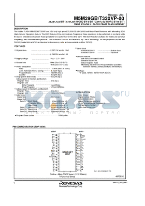 M5M29GB320VP datasheet - 33,554,432-BIT (4,194,304-WORD BY 8-BIT / 2,097,152-WORD BY16-BIT) CMOS 3.3V-ONLY, BLOCK ERASE FLASH MEMORY