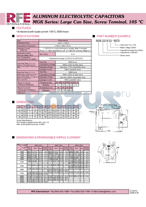 MGK122M2V-B075 datasheet - ALUMINUM ELECTROLYTIC CAPACITORS MGK Series: Large Can Size, Screw Terminal, 105 `C