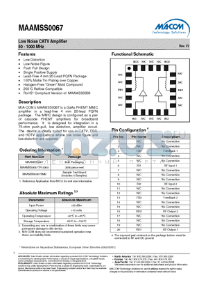 MAAMSS0067 datasheet - Low Noise CATV Amplifier 50 - 1000 MHz