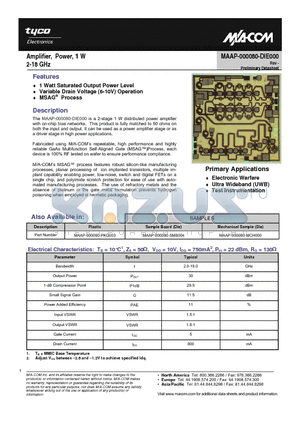 MAAP-000080-SMB004 datasheet - Amplifier, Power, 1 W 2-18 GHz