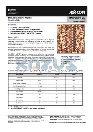 MAAPGM0016-DIE datasheet - 5W Ku-Band Power Amplifier 12.0-15.0 GHz