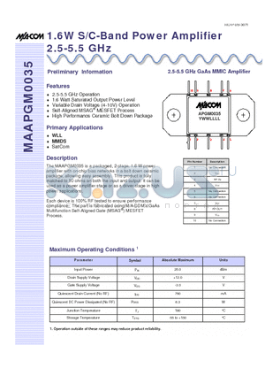MAAPGM0035 datasheet - 1.6W S/C-Band Power Amplifier 2.5-5.5 GHz