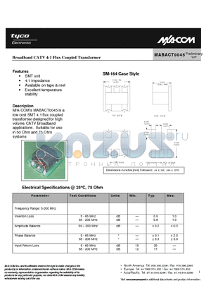 MABACT0045 datasheet - Broadband CATV 4:1 Flux Coupled Transformer