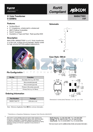 MABACT0061TR datasheet - 4:1 Auto Transformer 5-1200MHz