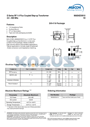 MABAES0010 datasheet - E-Series RF 1:4 Flux Coupled Step-up Transformer 2.0 - 800 MHz