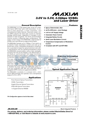 MAX3996 datasheet - 3.0V to 5.5V, 2.5Gbps VCSEL and Laser Driver