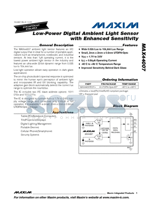 MAX44007 datasheet - Low-Power Digital Ambient Light Sensor with Enhanced Sensitivity
