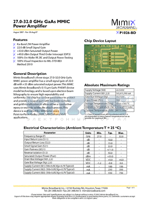 XP1026-BD-EV1 datasheet - 27.0-32.0 GHz GaAs MMIC Power Amplifier