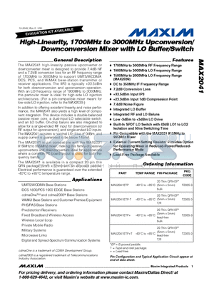 MAX2041ETP-T datasheet - High-Linearity, 1700MHz to 3000MHz Upconversion / Downconversion Mixer with LO Buffer / Switch