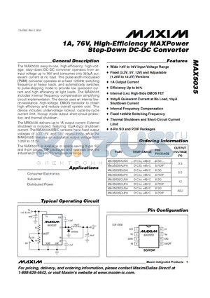MAX5035AUSA datasheet - 1A, 76V, High-Efficiency MAXPower Step-Down DC-DC Converter