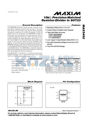 MAX5492 datasheet - 10kY Precision-Matched Resistor-Divider in SOT23