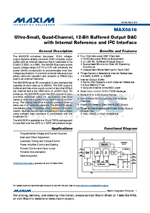 MAX5816 datasheet - Ultra-Small, Quad-Channel, 12-Bit Buffered Output DAC with Internal Reference and I2C Interface