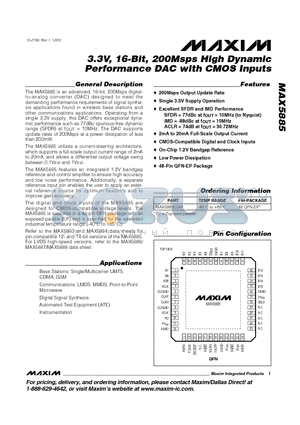 MAX5885 datasheet - 3.3V, 16-Bit, 200Msps High Dynamic Performance DAC with CMOS Inputs