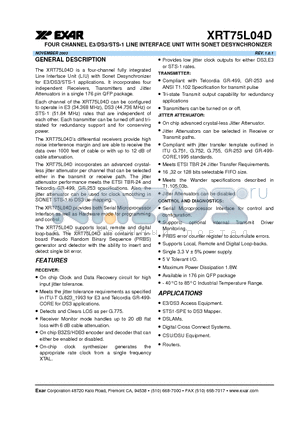 XRT75L04DIV datasheet - FOUR CHANNEL E3/DS3/STS-1 LINE INTERFACE UNIT WITH SONET DESYNCHRONIZER