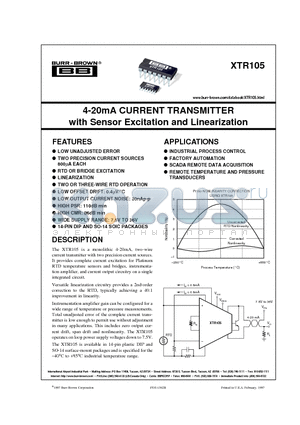 XTR105U datasheet - 4-20mA CURRENT TRANSMITTER with Sensor Excitation and Linearization