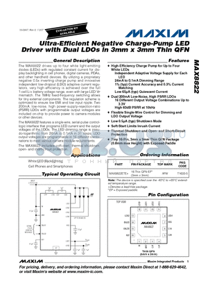 MAX8822ETE+ datasheet - Ultra-Efficient Negative Charge-Pump LED Driver with Dual LDOs in 3mm x 3mm Thin QFN