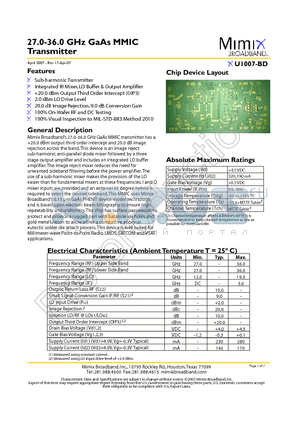 XU1007-BD datasheet - 27.0-36.0 GHz GaAs MMIC Transmitter