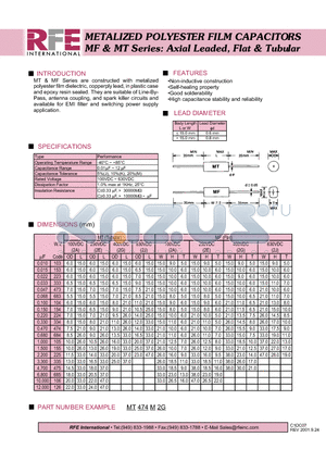 MT474M2G datasheet - METALIZED POLYESTER FILM CAPACITORS MF & MT Series: Axial Leaded, Flat & Tubular