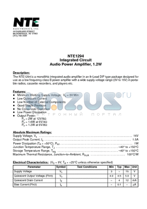 NTE1294 datasheet - Integrated Circuit Audio Power Amplifier, 1.2W