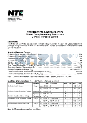 NTE2429 datasheet - Silicon Complementary Transistors General Purpose Switch