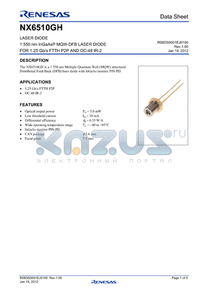 NX6510GH datasheet - LASER DIODE 1 550 nm InGaAsP MQW-DFB LASER DIODE FOR 1.25 Gb/s FTTH P2P AND OC-48 IR-2