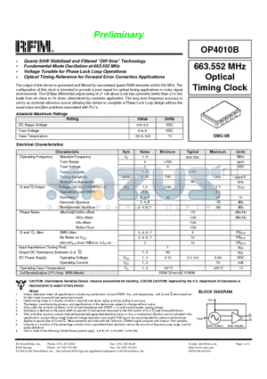 OP4010B datasheet - 663.552 MHz Optical Timing Clock