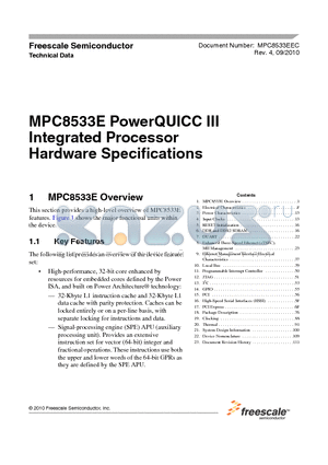 MPC8533E datasheet - Integrated Processor Hardware Specifications