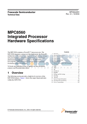 MPC8560PXALFB datasheet - Integrated Processor Hardware Specifications