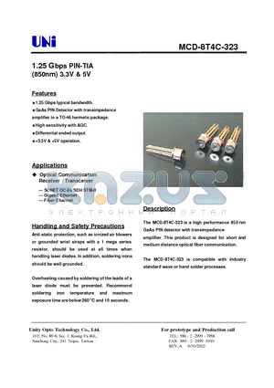 MCD-8T4C-323 datasheet - 1.25 Gbps PIN-TIA (850nm) 3.3V & 5V