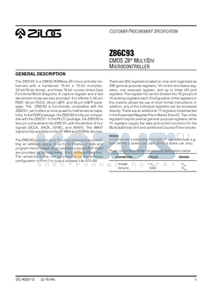 Z86C93 datasheet - CMOS Z8 MULT/DIV MICROCONTROLLER