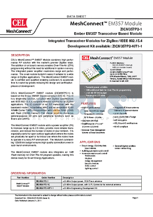 ZICM357P2-1 datasheet - Ember EM357 Transceiver Based Module