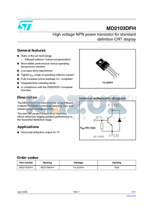 MD2103DFH datasheet - High voltage NPN power transistor for standard definition CRT display