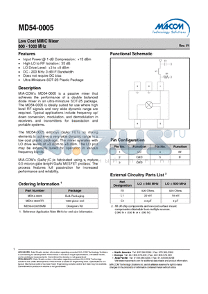 MD54-0005TR datasheet - Low Cost MMIC Mixer 800 - 1000 MHz