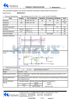 MD6022ASC-0 datasheet - Electrical Characteristics Test Condition (Vs= 2 . 0 V, RL= 2 . 2 k ohm, Ta=20`C, RH=65%)