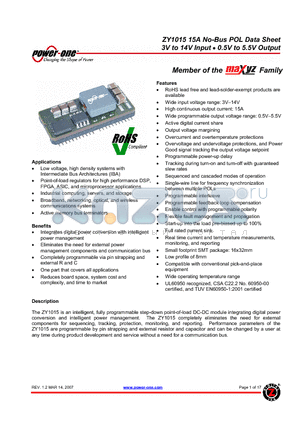 ZY1015 datasheet - 15A No-Bus POL 3V to 14V Input 0.5V to 5.5V Output