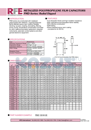 PMD105M2E datasheet - METALIZED POLYPROPYLENE FILM CAPACITORS PMD Series: Radial Dipped