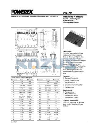 PS21767 datasheet - Intellimod Module Dual-In-Line Intelligent Power Module 30 Amperes/600 Volts