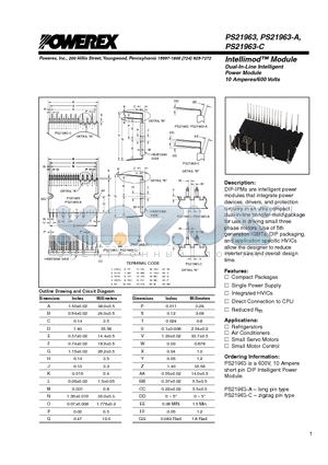 PS21963-C datasheet - Intellimod Module Dual-In-Line Intelligent Power Module 10 Amperes/600 Volts