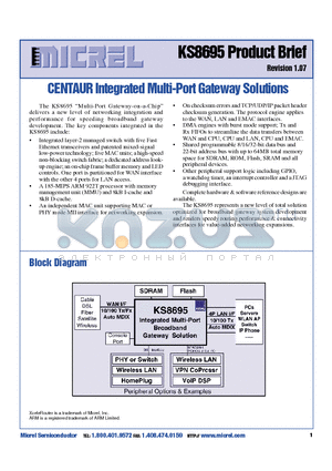 MICREL_KS8695 datasheet - CENTAUR Integrated Multi-Port Gateway Solutions