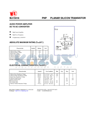 MJ15016 datasheet - PNP PLANAR SILICON TRANSISTOR(AUDIO POWER AMPLIFIER DC TO DC CONVERTER)