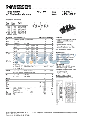PSUT60 datasheet - Three Phase AC Controller Modules