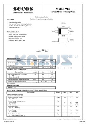 MMDL914 datasheet - Surface Mount Switching Diode