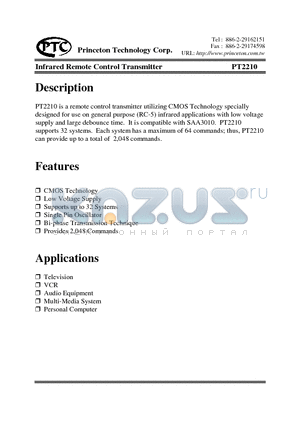 PT2210 datasheet - Infrared Remote Control Transmitter