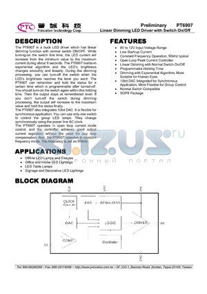 PT6907-S datasheet - Linear Dimming LED Driver with Switch On/Off