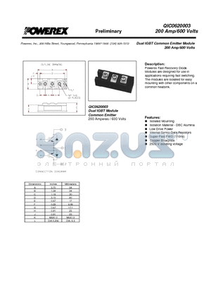 QIC0620003 datasheet - Dual IGBT Common Emitter Module (200 Amp/600 Volts)