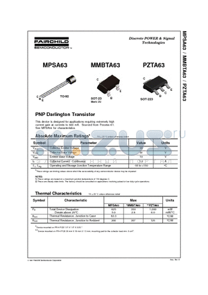 MPSA63 datasheet - PNP Darlington Transistor